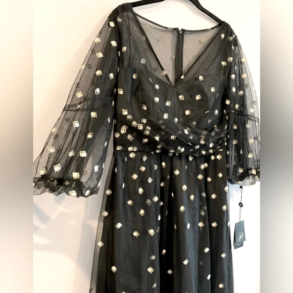 NWT, Adrianna Papell "Glitter Tulle Long Dress" in Black w/ Puff Sleeve, Size 8 - Picture 6 of 12
